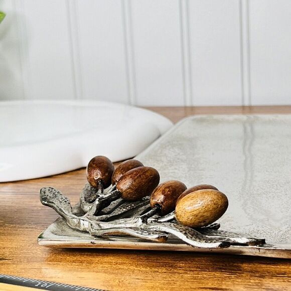 RARE Mud Pie Olive Wood Oliven Leaf Decoration Silver Serving Tray Woodcraft 12“ - Picture 11 of 11